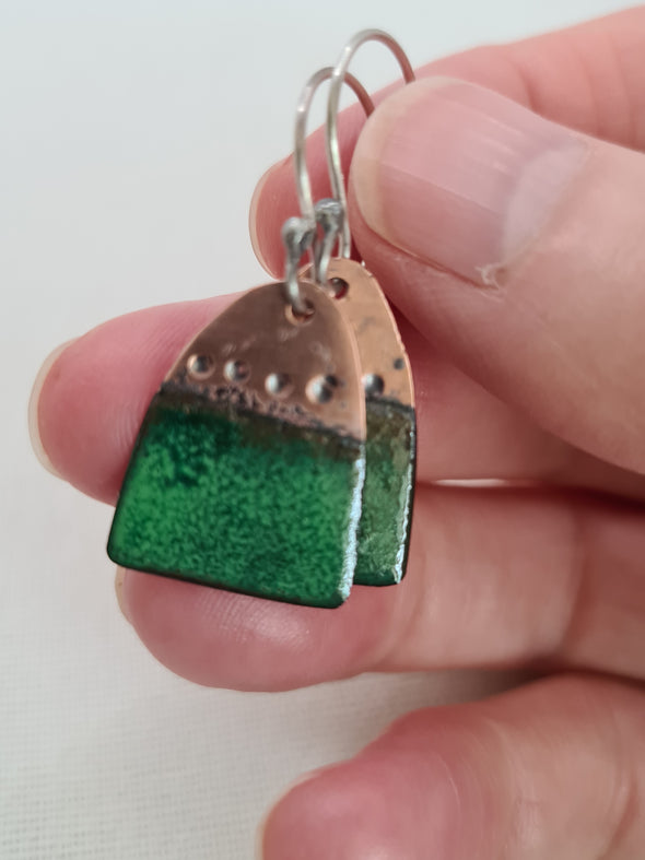 Green enamelled copper earrings