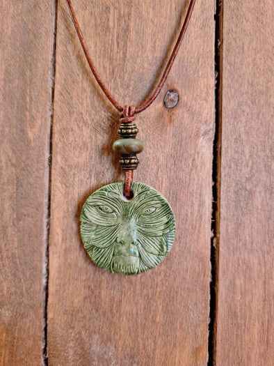 Glazed Kiln Fired Green Man Necklace