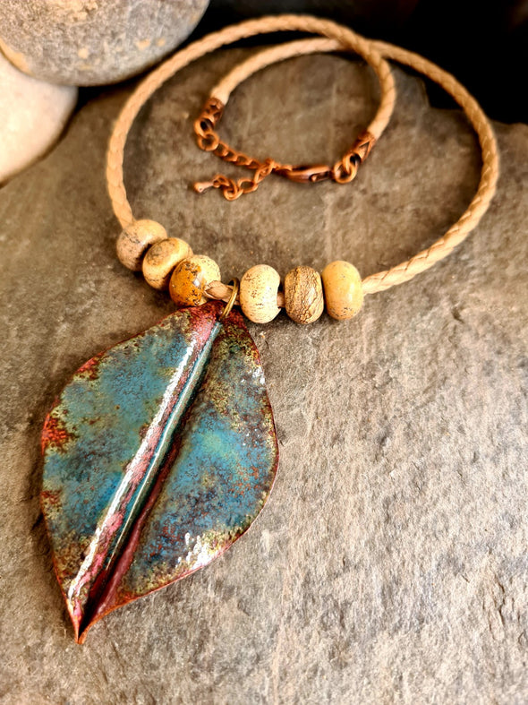 Rustic enamelled leaf necklace with gemstones