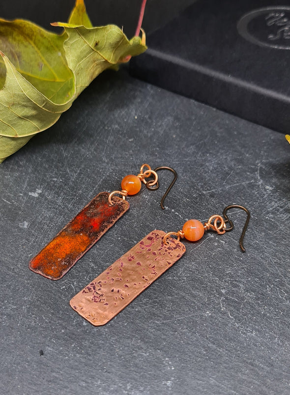 Fiery enamelled copper and carnelian earrings