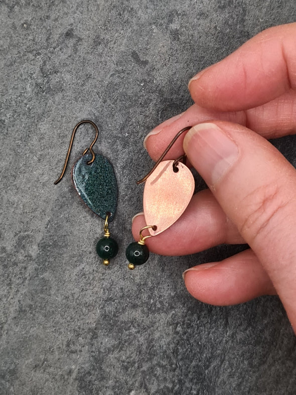 Small green enamelled copper teardrop earrings