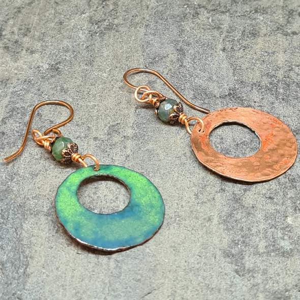 Forest Floor Enamelled Copper and Moss Agate Hoop Earrings