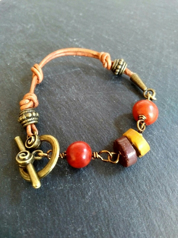 Acai nut and mookaite leather bracelet