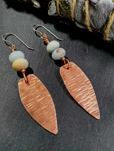 Earthy hammered copper gemstone earrings