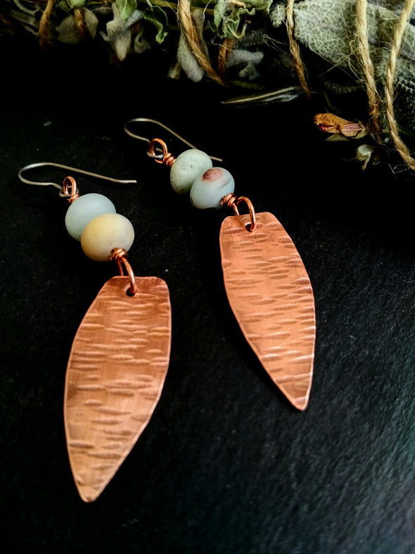 Moonsilver primitive amazonite copper spear earrings