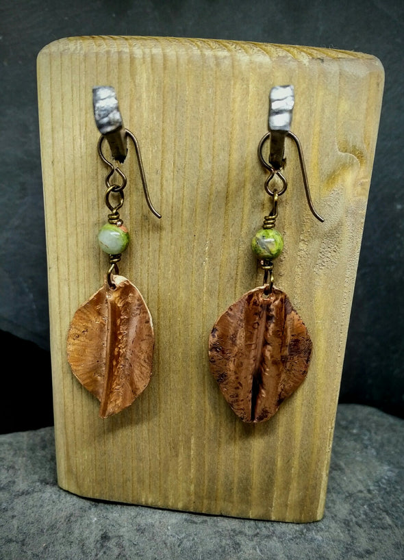 Fold formed copper leaf earrings