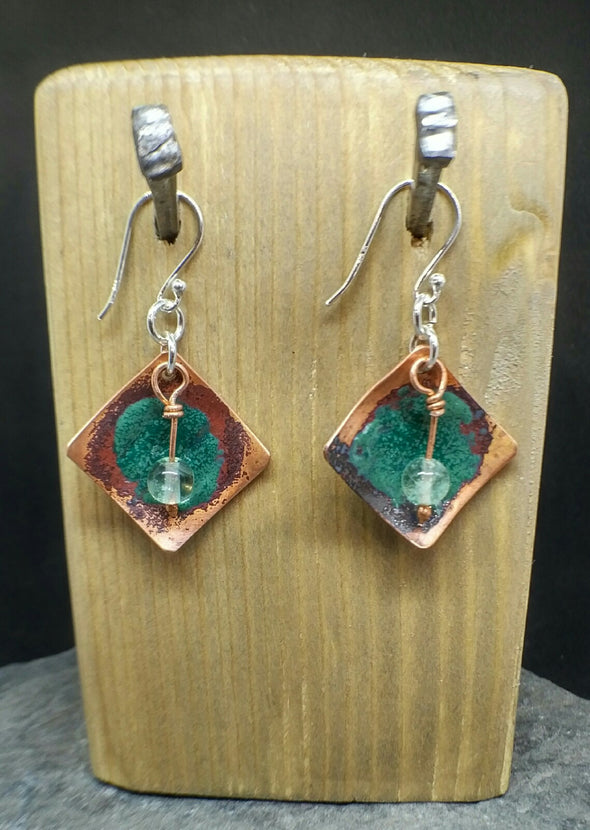 Enamelled copper and fluorite earrings