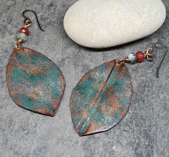 Green enamelled copper leaf earrings
