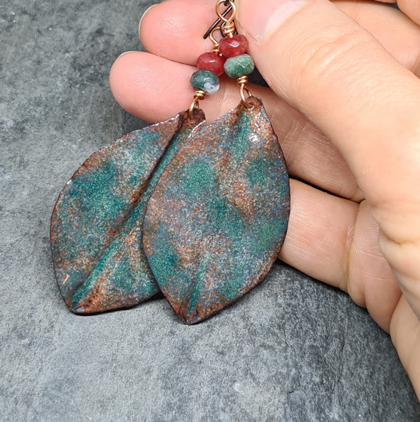 Green Enamelled Hammered Copper Leaf Earrings with Moss Agate and Fire Agate